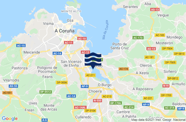 Mapa da tábua de marés em Provincia da Coruña, Spain