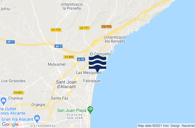 Mapa da tábua de marés em Provincia de Alicante, Spain