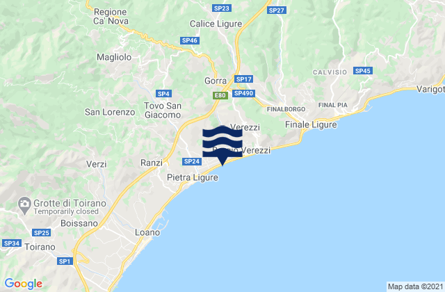 Mapa da tábua de marés em Provincia di Savona, Italy