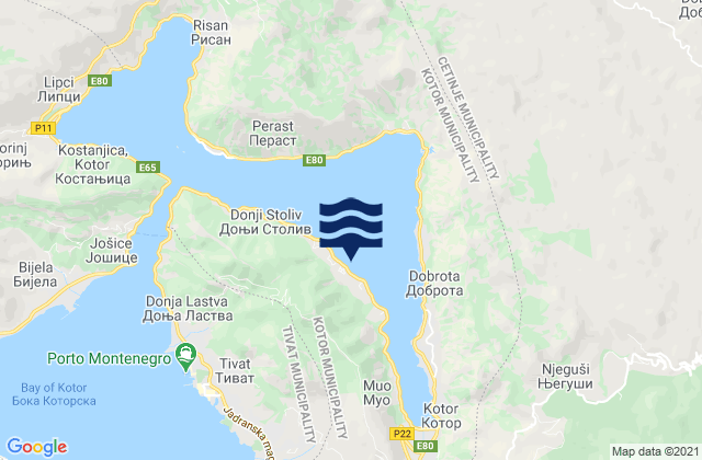 Mapa da tábua de marés em Prčanj, Montenegro