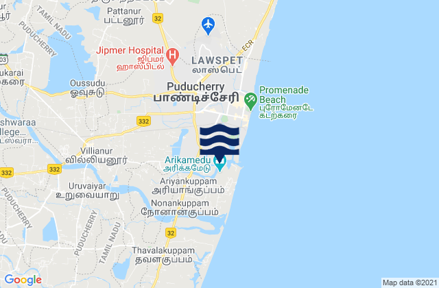 Mapa da tábua de marés em Puducherry, India