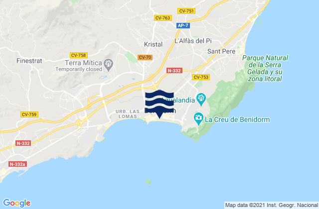 Mapa da tábua de marés em Puerto Benidorm, Spain
