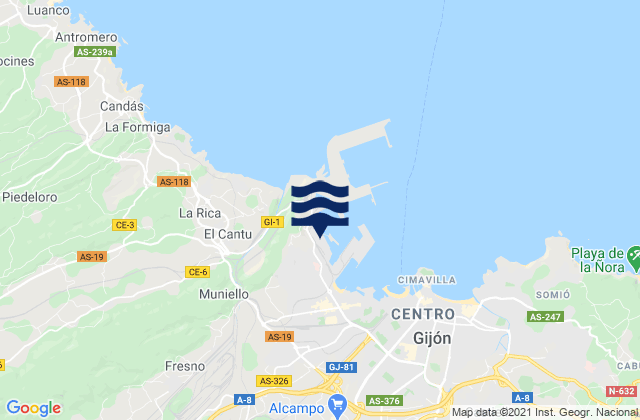 Mapa da tábua de marés em Puerto de Gijón, Spain