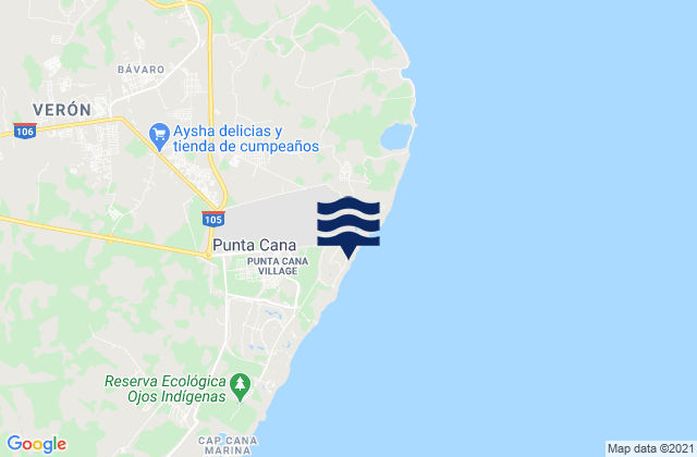 Mapa da tábua de marés em Punta Cana, Dominican Republic