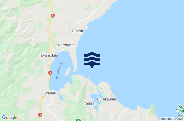 Mapa da tábua de marés em Purakaunui Bay, New Zealand