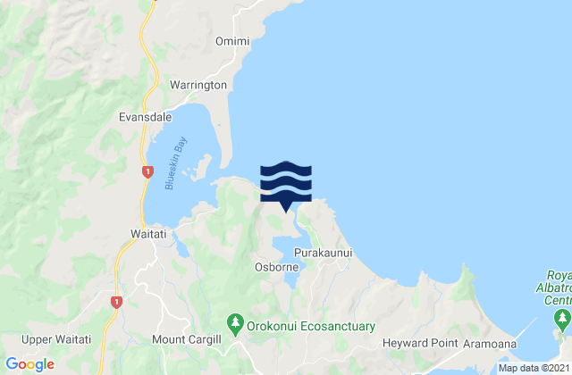 Mapa da tábua de marés em Purakaunui Inlet, New Zealand