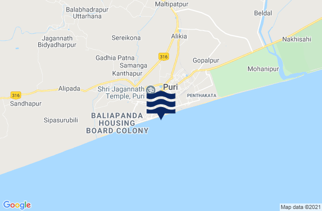 Mapa da tábua de marés em Puri Beach, India