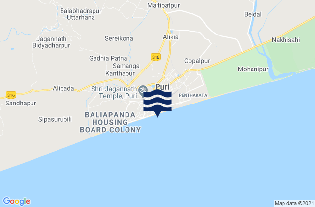 Mapa da tábua de marés em Puri, India