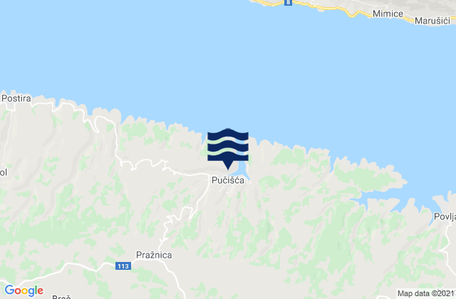 Mapa da tábua de marés em Pučišća, Croatia