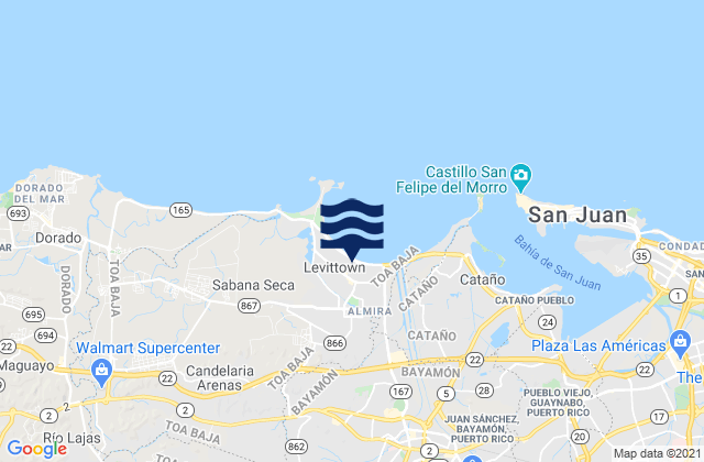 Mapa da tábua de marés em Pájaros, Puerto Rico