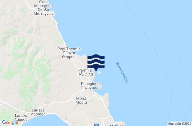 Mapa da tábua de marés em Pámfila, Greece