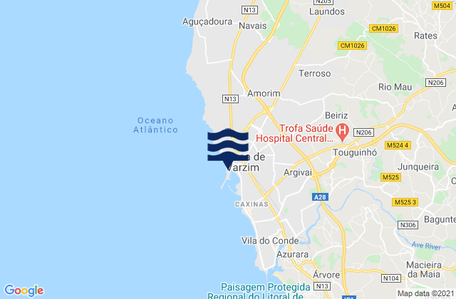 Mapa da tábua de marés em Póvoa de Varzim, Portugal