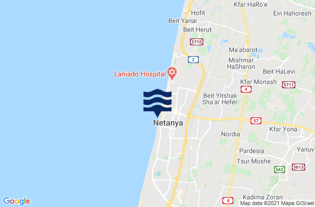 Mapa da tábua de marés em Qalansuwa, Israel