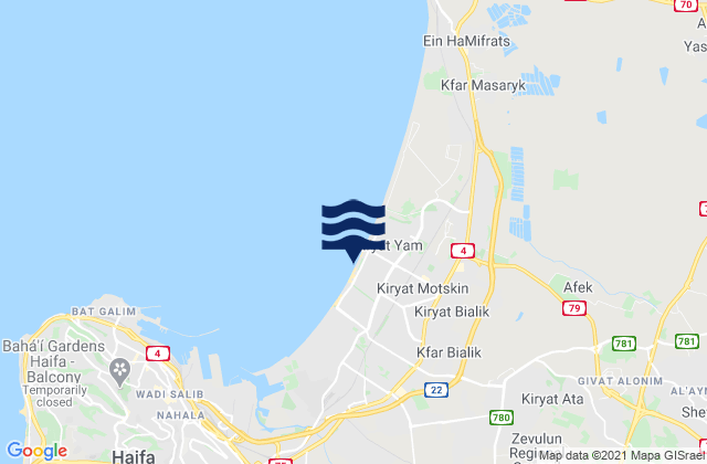 Mapa da tábua de marés em Qiryat Bialik, Israel