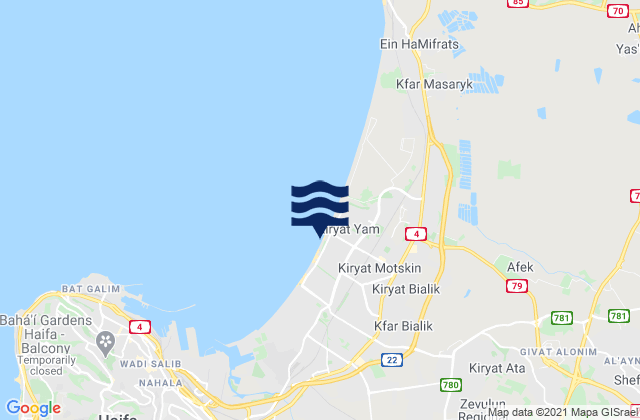 Mapa da tábua de marés em Qiryat Moẕqin, Israel