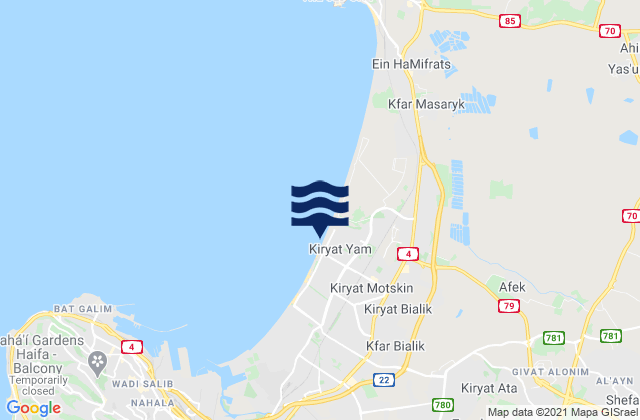Mapa da tábua de marés em Qiryat Yam, Israel