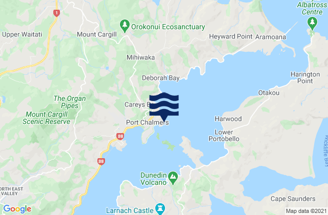 Mapa da tábua de marés em Quarantine Island/Kamau Taurua, New Zealand