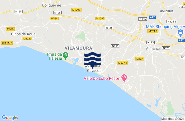 Mapa da tábua de marés em Quarteira, Portugal