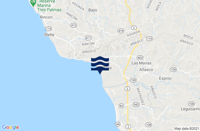 Mapa da tábua de marés em Quebrada Larga Barrio, Puerto Rico
