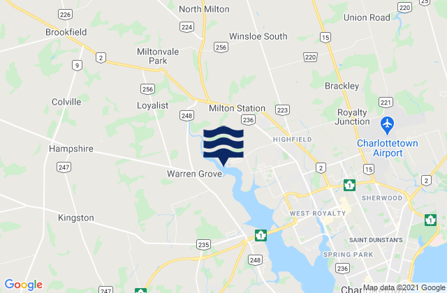Mapa da tábua de marés em Queens County, Canada