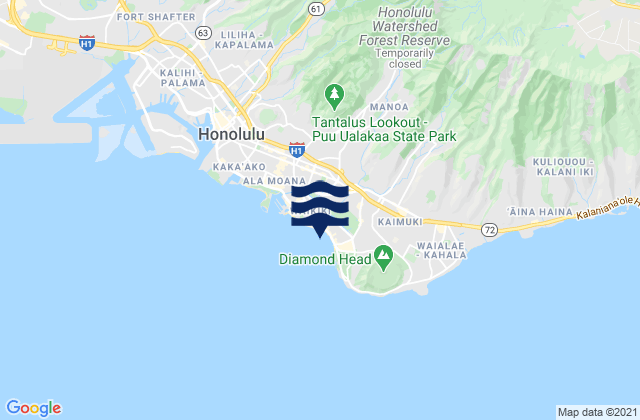 Mapa da tábua de marés em Queens/Canoes (Waikiki), United States