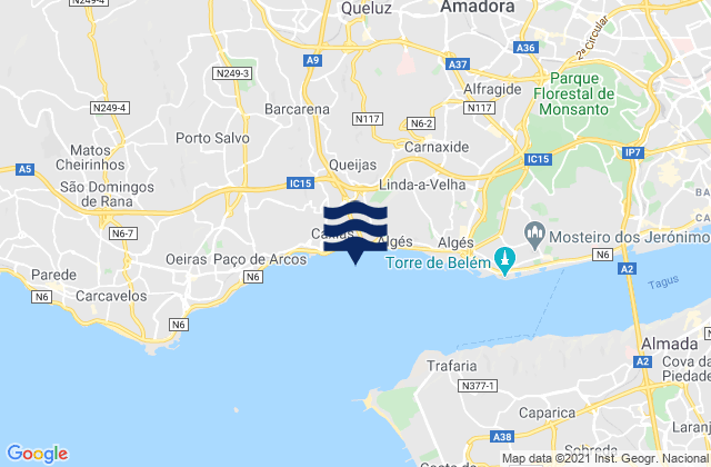 Mapa da tábua de marés em Queluz, Portugal