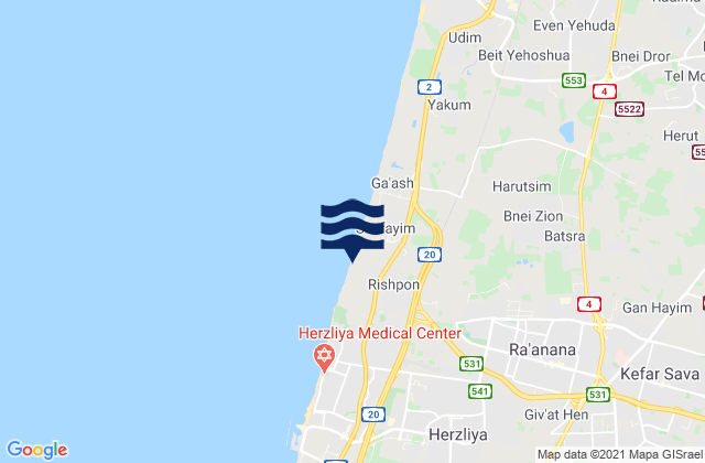 Mapa da tábua de marés em Ra'anana, Israel