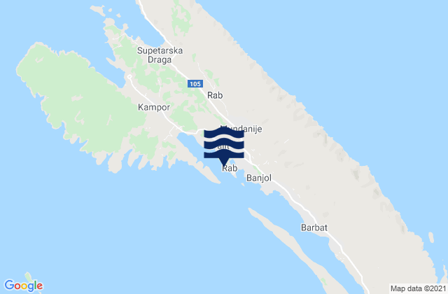 Mapa da tábua de marés em Rab, Croatia
