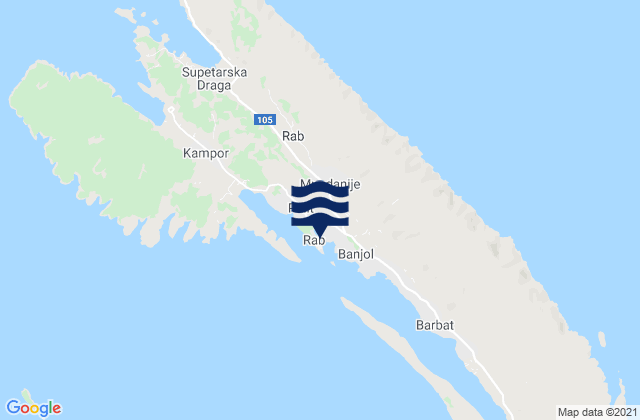 Mapa da tábua de marés em Rab, Croatia