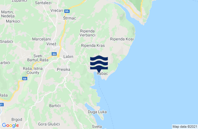 Mapa da tábua de marés em Rabac, Croatia