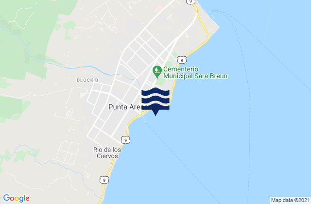Mapa da tábua de marés em Rada Punta Arenas, Chile