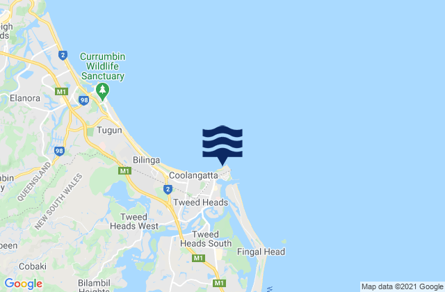 Mapa da tábua de marés em Rainbow Bay, Australia