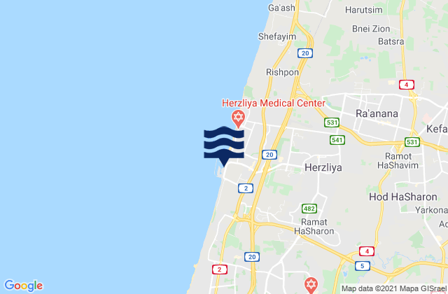 Mapa da tábua de marés em Ramat HaSharon, Israel