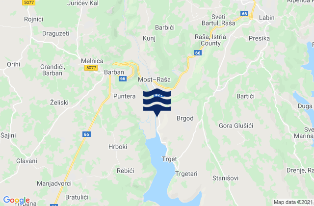 Mapa da tábua de marés em Raša, Croatia