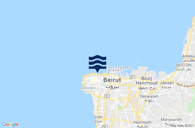 Mapa da tábua de marés em Ra’s Bayrūt, Lebanon