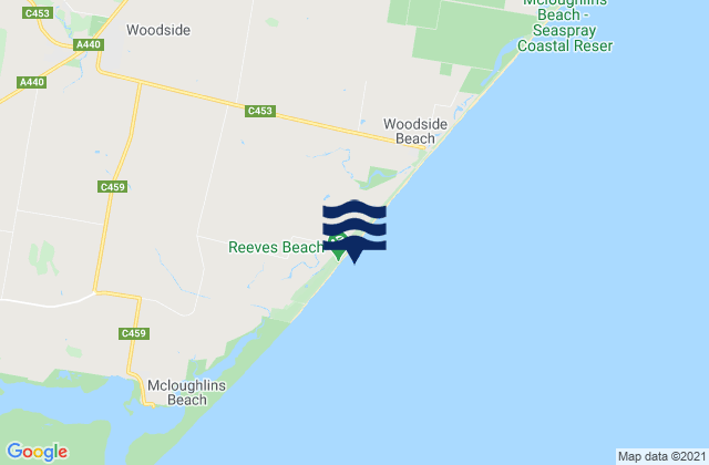 Mapa da tábua de marés em Reeves Beach, Australia