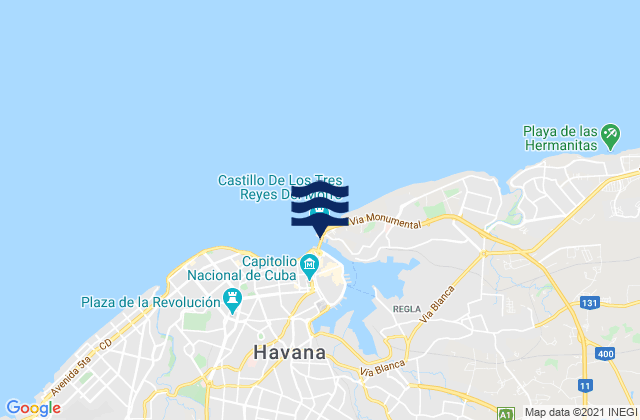 Mapa da tábua de marés em Regla, Cuba