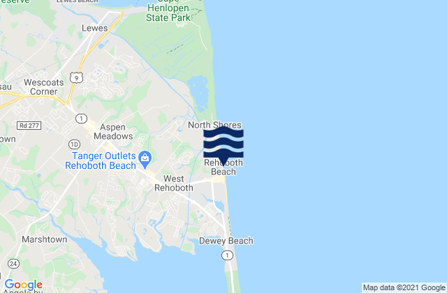 Mapa da tábua de marés em Rehoboth Beach, United States