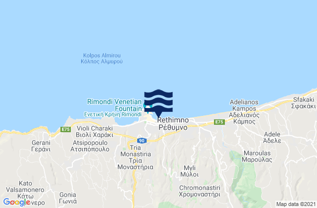 Mapa da tábua de marés em Rethymno, Greece