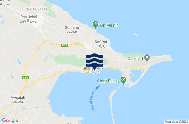 Mapa da tábua de marés em Rhar el Melah, Tunisia