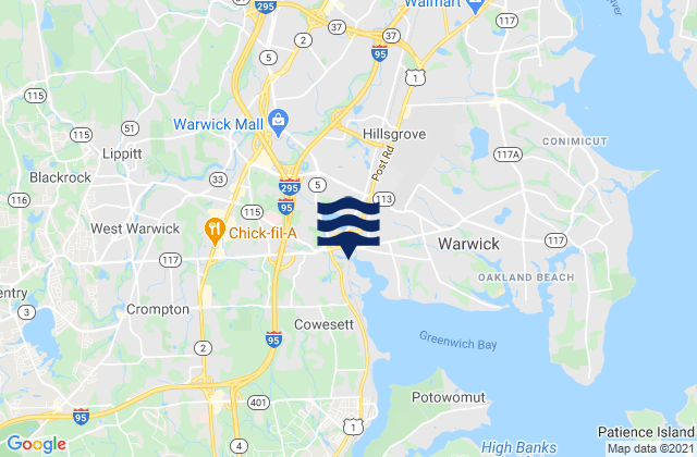 Mapa da tábua de marés em Rhode Island, United States