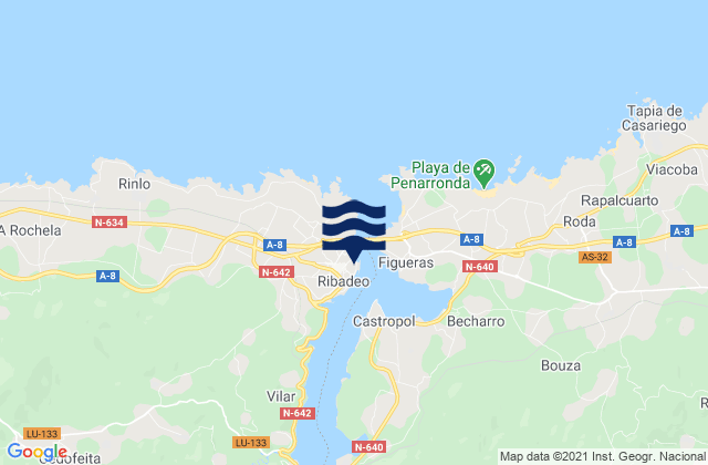 Mapa da tábua de marés em Ribadeo, Spain