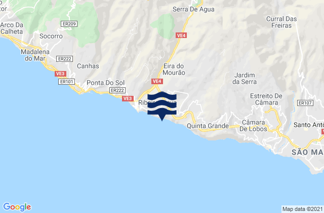 Mapa da tábua de marés em Ribeira Brava, Portugal