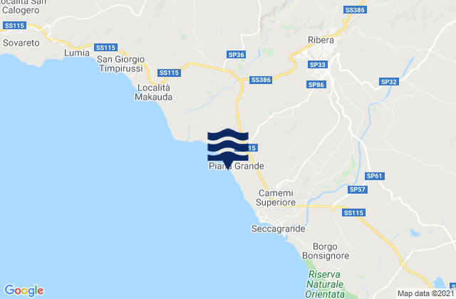 Mapa da tábua de marés em Ribera, Italy