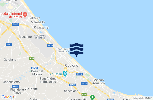 Mapa da tábua de marés em Riccione, Italy