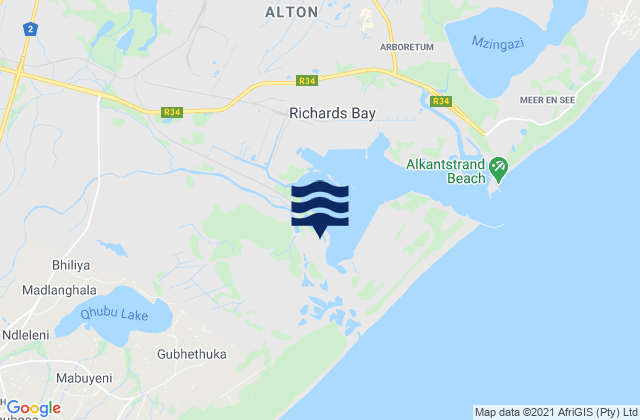 Mapa da tábua de marés em Richards Bay, South Africa