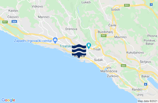 Mapa da tábua de marés em Rijeka, Croatia