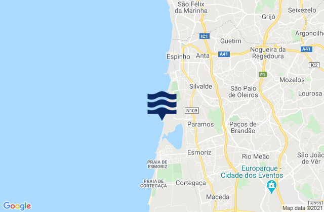 Mapa da tábua de marés em Rio Meão, Portugal