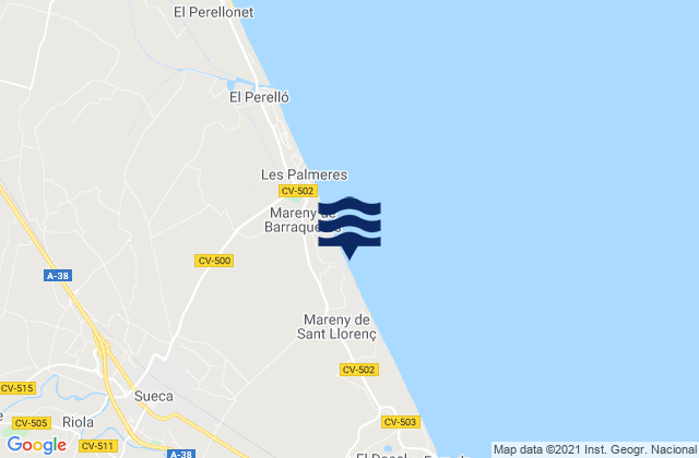 Mapa da tábua de marés em Riola, Spain