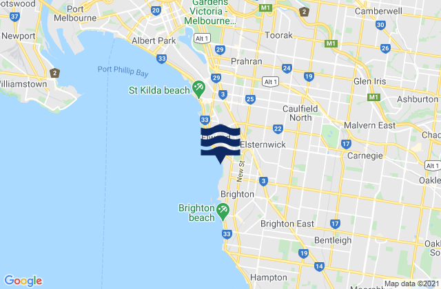 Mapa da tábua de marés em Ripponlea, Australia